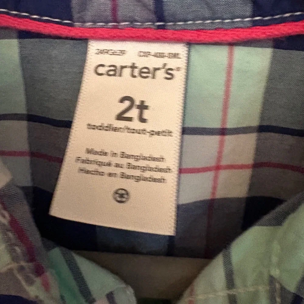 Carters Toddler Boys Green Navy Plaid Dinosaur Button Down Shirt 2T Short Sleeve